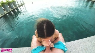 Accidentally cum in her pussy near the rooftop pool - SolaZola