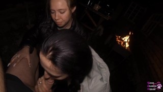 FFM Threesome Sucking on the Backyard - Outdoor Double Blowjob - Oral Creampie